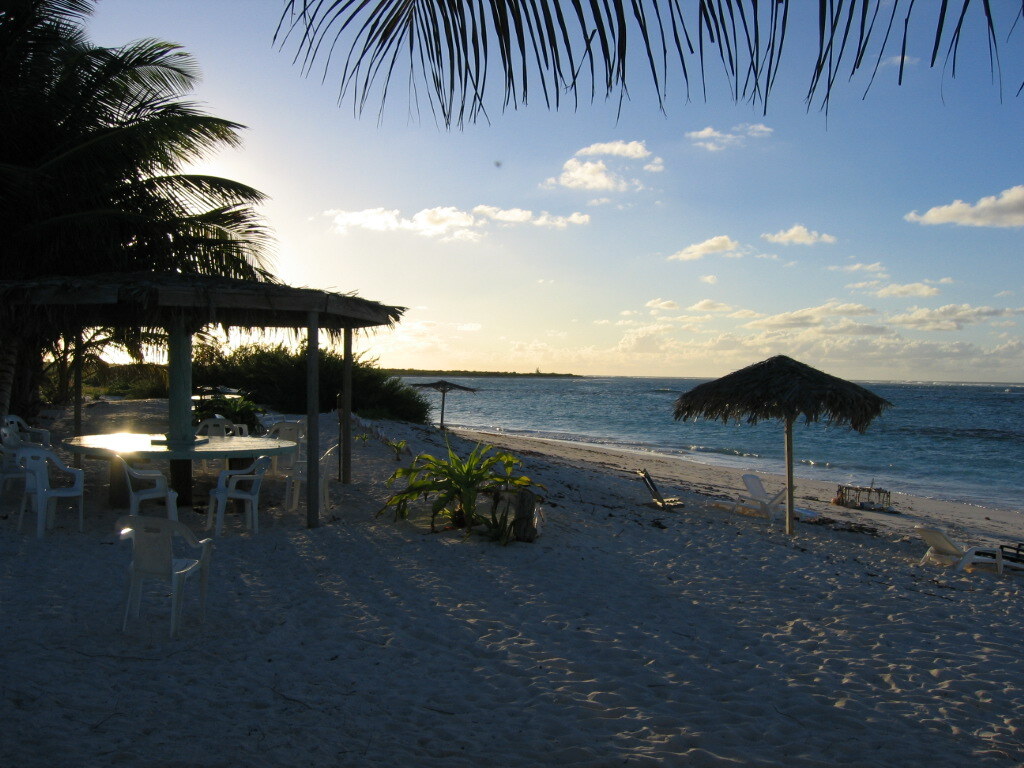 Thatched beach umbrellas and chairs on a quiet sand beach at dusk.