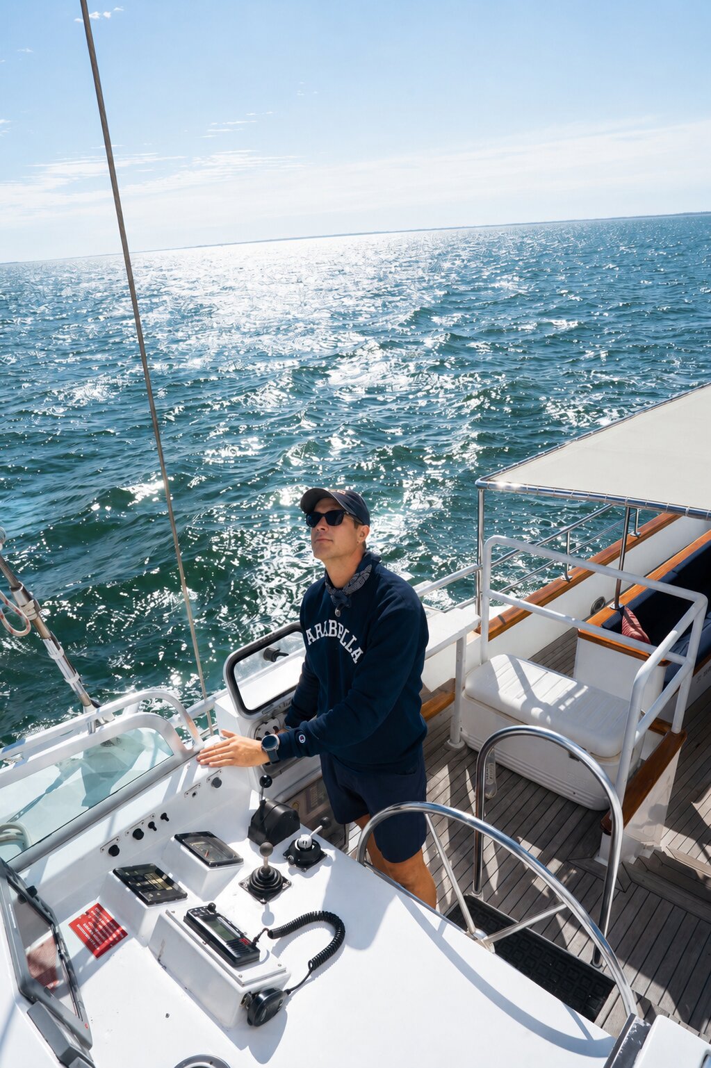 Garry at the helm of the Manhattan Yacht Club flagship in 2025, more than twenty years after his first season with the club