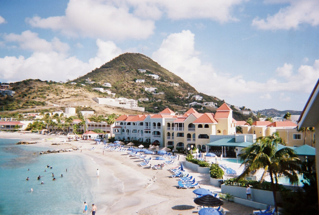 Waterfront hotels and beach along Great Bay, Sint Maarten